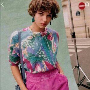 EUC Sezane Ines Floral Mohair Wool Sweater Teal Pink Small